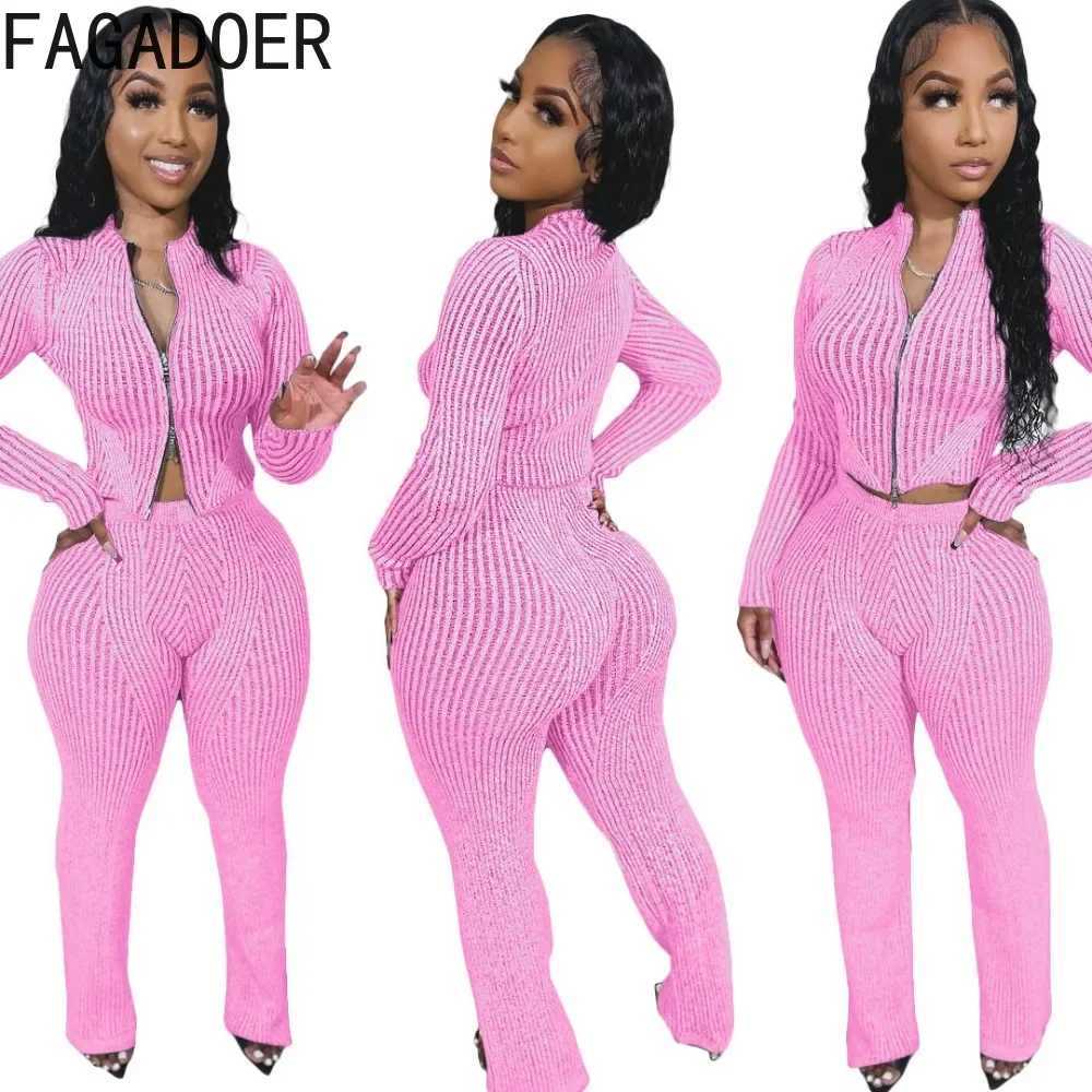 Women's Two Piece Pants FAGADOER autumn new knitted casual 2-piece set womens solid zipper ultra-thin crop top and Flare pants set womens clothin
