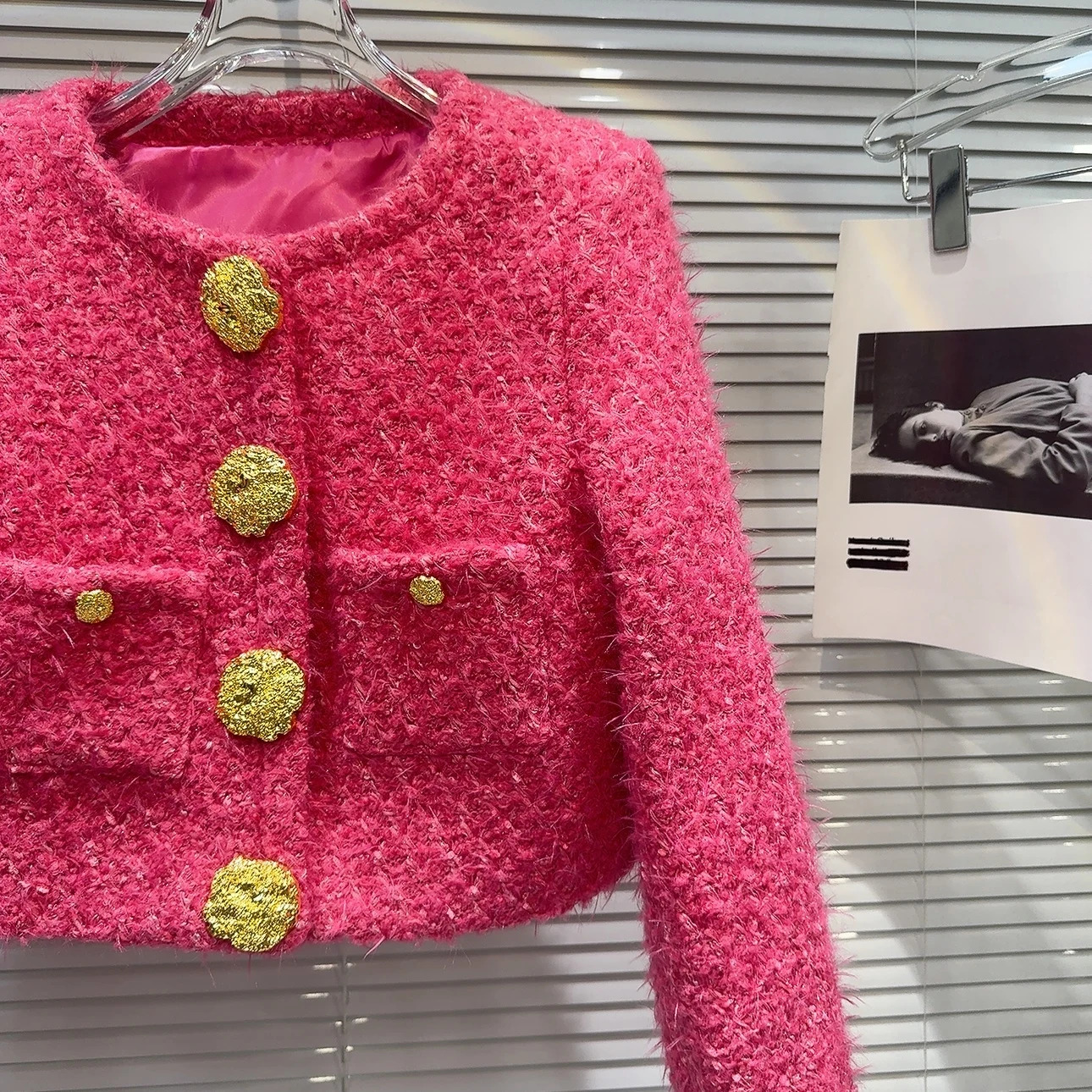PREPOMP Autumn Arrival Big Gold Buttons Tweed Jacket Rose Pink Short Coat Women GS501 241019