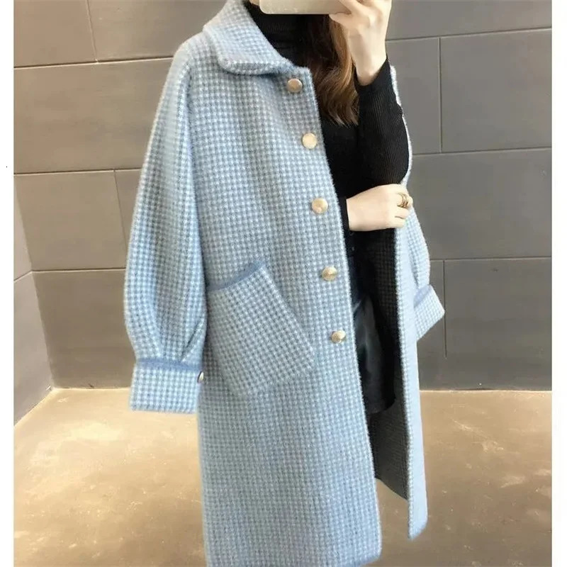 Autumn and winter mink knitted cardigan wool womens sweater medium long thick loose coat wool plain weave large coat 241019