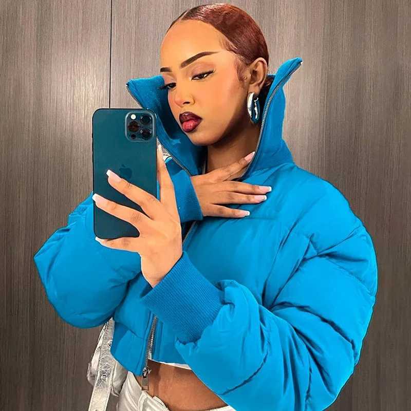 Women's Down Parkas Fashion Women Stand Collar Crop Puffer Jacket Zipper Blue Bubble Coats Parka Down High Waist Slim Cotton Short Puff Jacket Pa