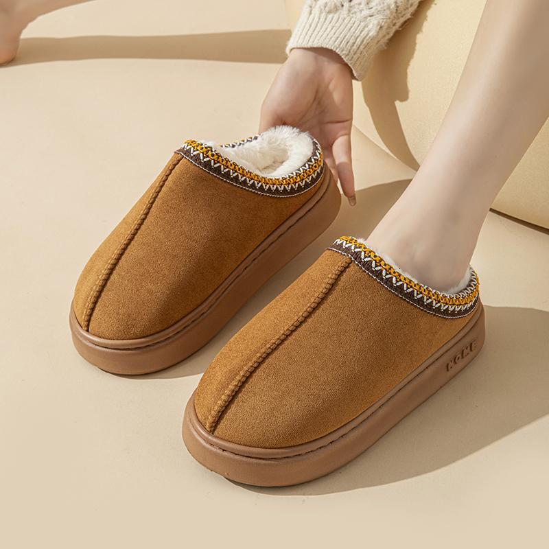 Thick soled fur cotton slippers women's shoes new suede warm snow boots winter popular casual short plush flat shoes Mule atillas