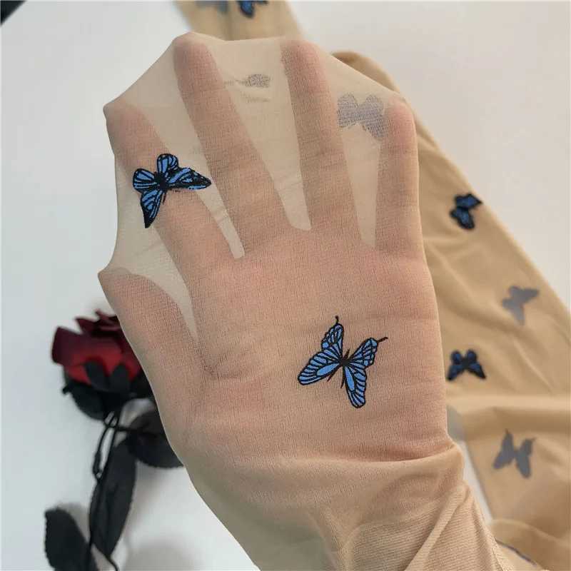 Socks Hosiery Women Girls Blue Butterfly Print Pantyhose Summer S-Through Ultra-Thin Sexy Silky Tights Japanese Lolita Seamless Stockings Y240833087S1