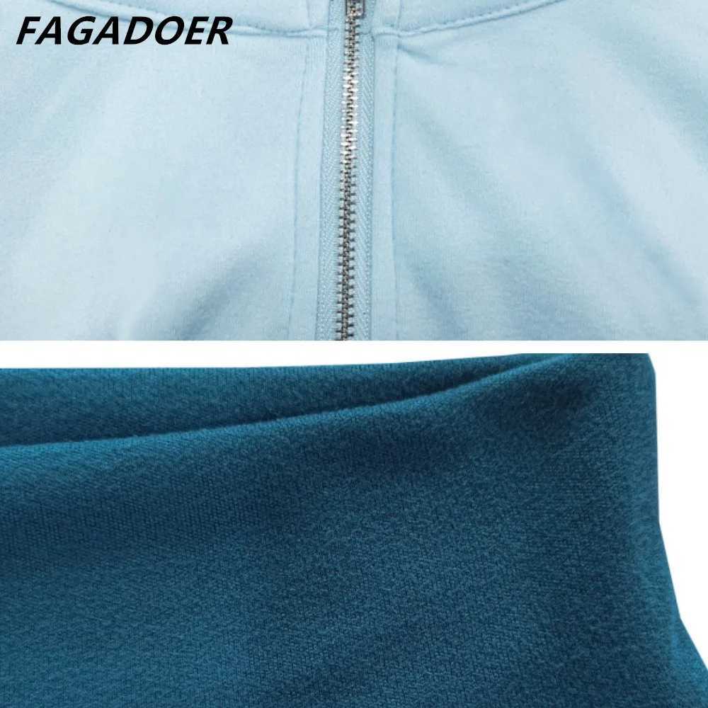 Women's Two Piece Pants FAGADOER Color Block 2-piece Womens Long Sleve Zipper Sweatshirt and Leg Set Jogging Short Clothes Autumn New Collection 