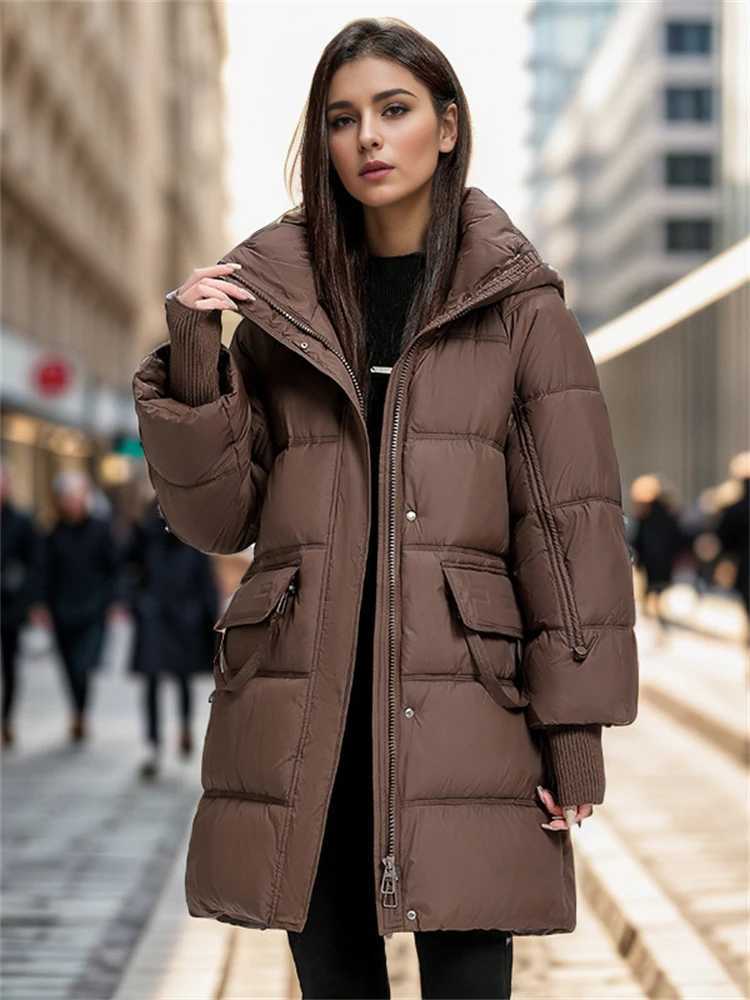 2024 Winter New Womens Loose Padded Down Jackets The Mid-Length Is Thickened Personality Pockets Warm Over-The-Knee JacketX241019