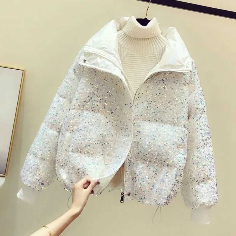Women's Down Parkas Fashion sequined down cotton jacket womens winter jacket new loose stand up collar short bread jacket warm jacket Y240824KRUZ