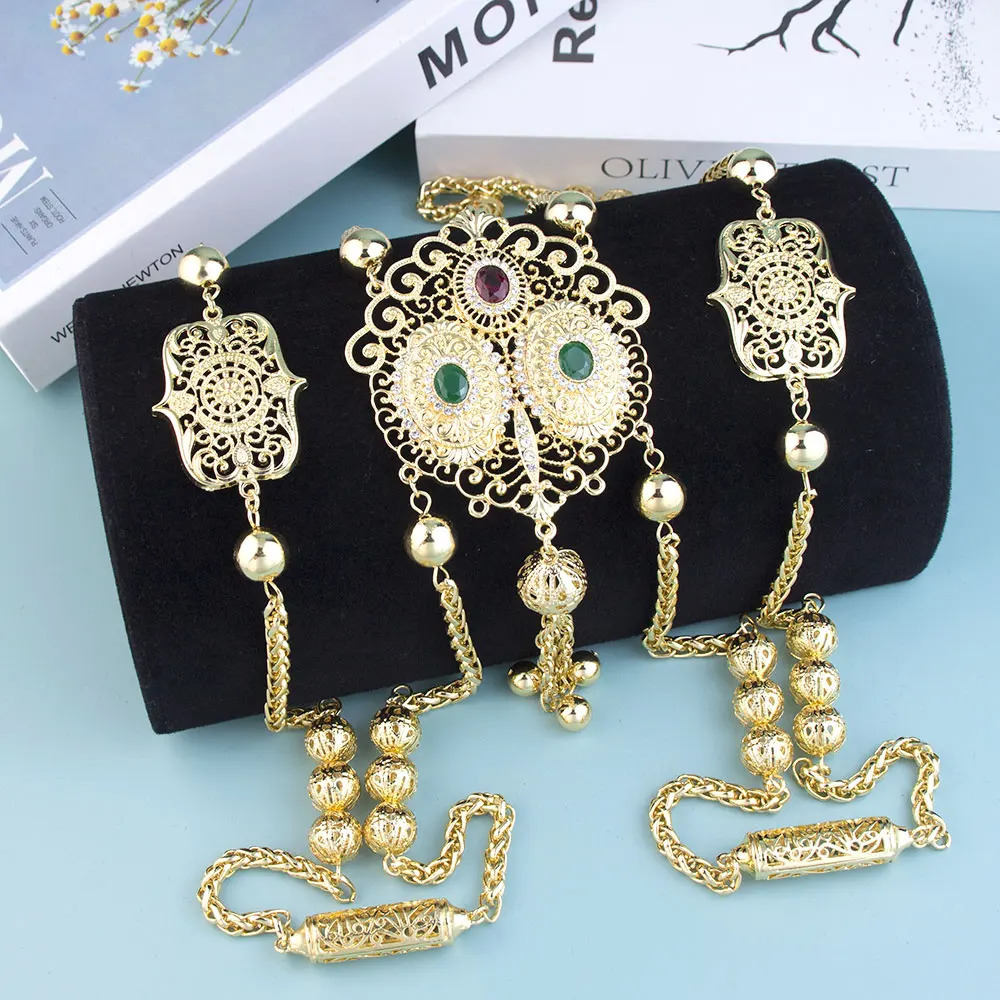 Fashionable Algerian women shoulder chain Moroccan bride body jewelry gold Arabic wedding jewelry long necklace 241018
