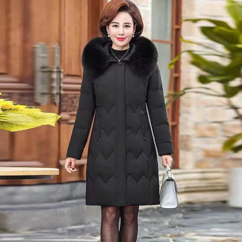 XL-5XL Middle Aged Mother Down Cotton-Padded Jacket Loose Hooded Fur Collar Coat Thicken Mid-Long Parkas Women Winter ClothesX241019