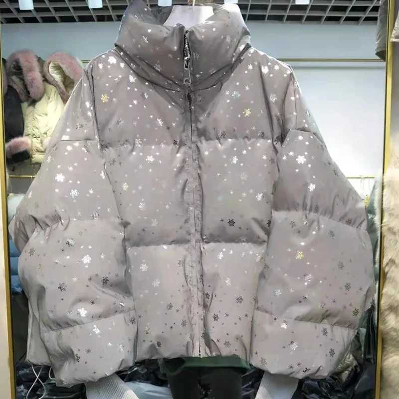 Women's Down Parkas Winter womens T-shirt oversized reflective jacket warm womens jacket snowflake sequin Parka cotton padded jacket Y240824IE6N