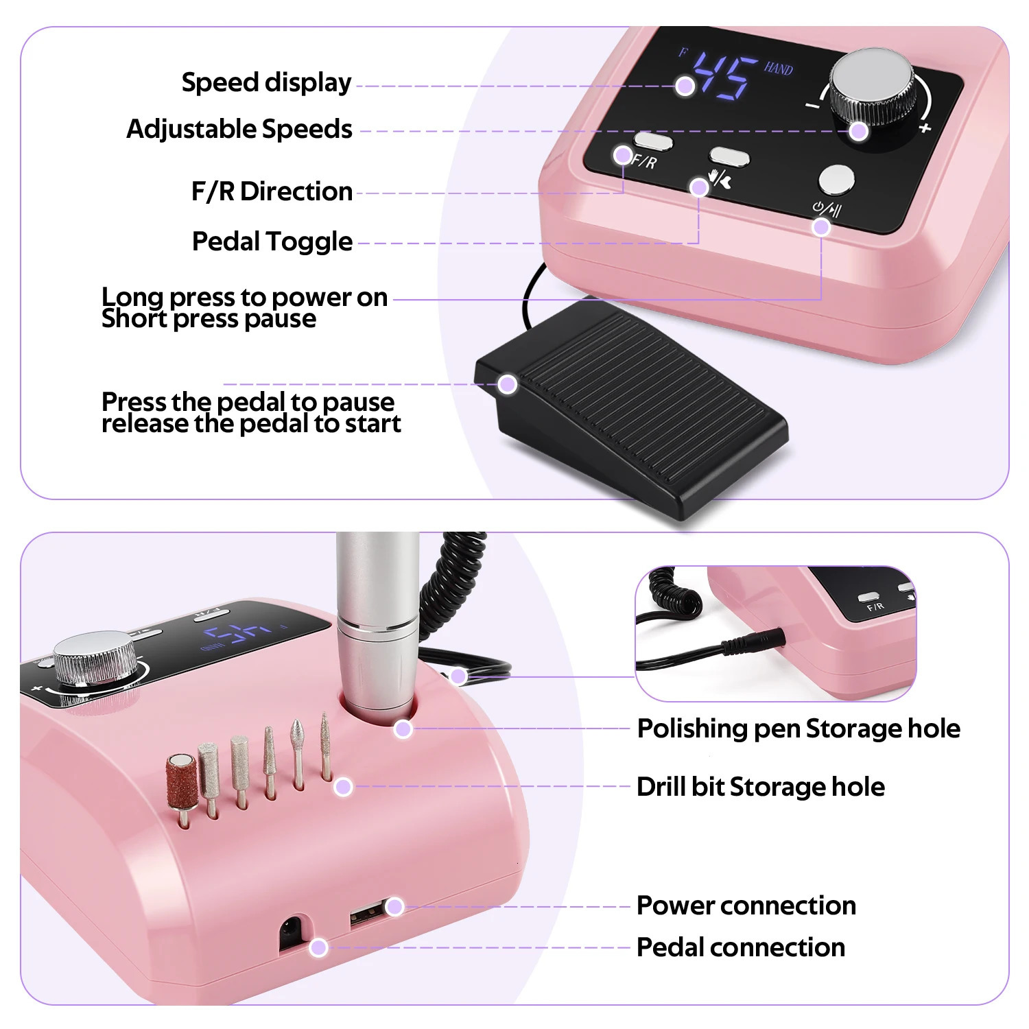 45000RPM nail drill professional nail lathe with large LCD screen electric control polishing machine nail sanding machine nail art 241007
