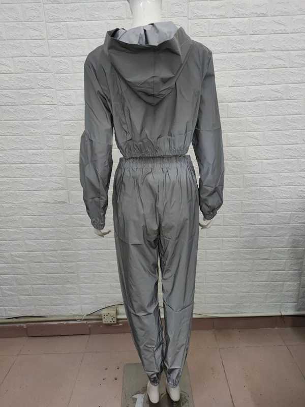 Women's Two Piece Pants Womens Reflective Set Loose Sports Wear Long Sleve Sports Shirt Reflective Hoodie Jacet Trouser Running Pants Casual Set 