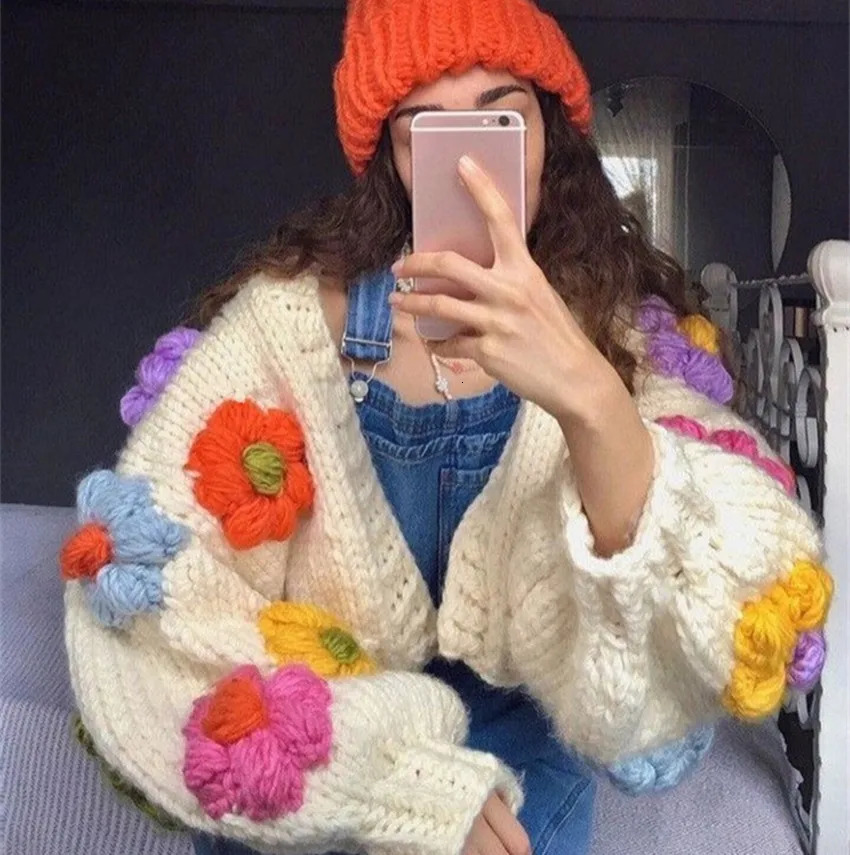 JSXDHK Fashion Women 3D Floral Handmade Sweater Cardigan Sweet Fall Winter Lantern Sleeve Knitted Loose Short Open Stitch 241009