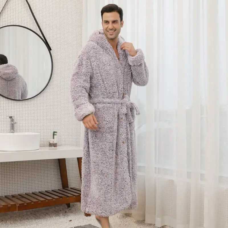 Winter Luxury Double Layer Flannel Men Robe Hooded Nightgown Thick Coral Fleece Belt Botton Super Long Loungewear Loose BathrobeXJ241018