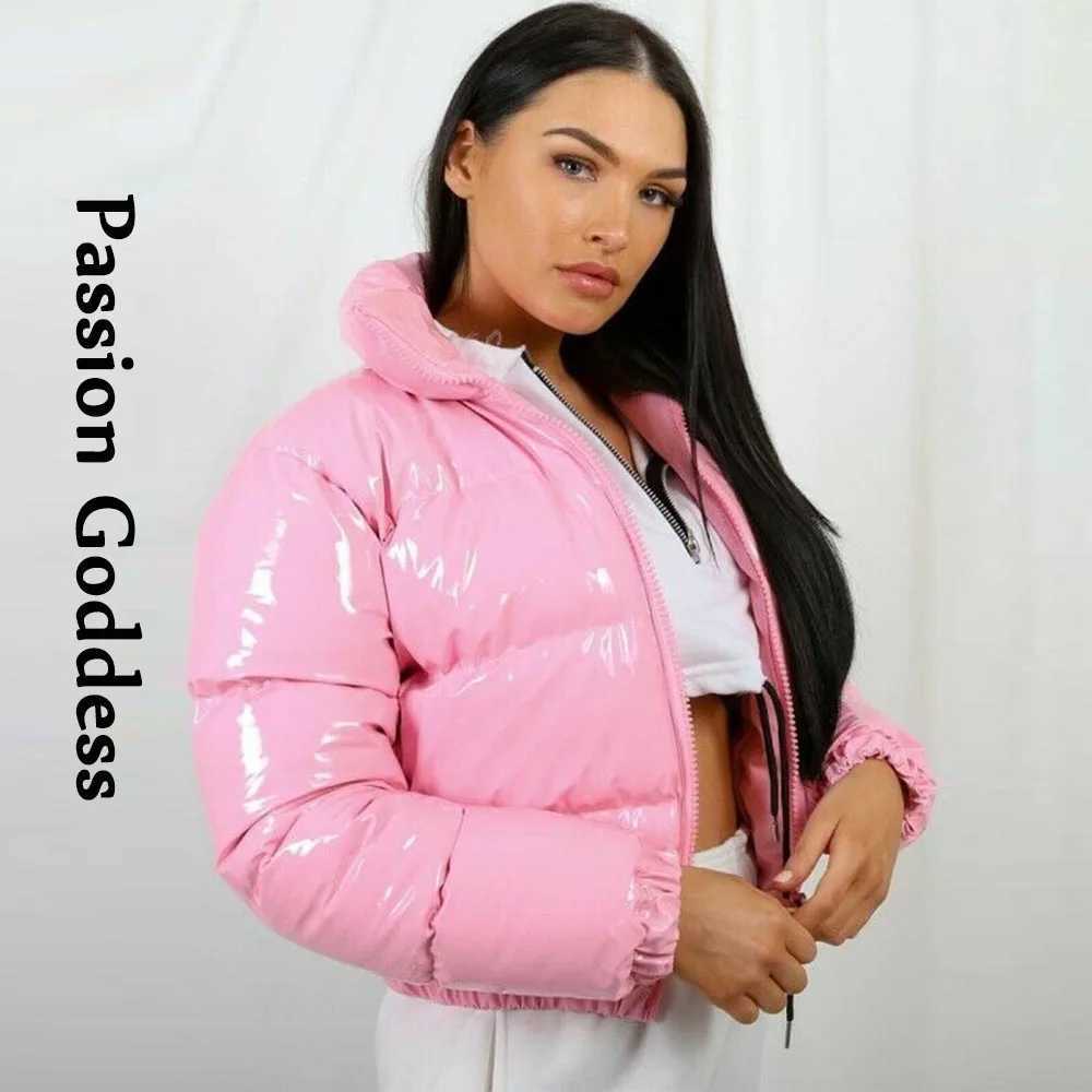 Women's Down Parkas Autumn Winter Women Bright PU Puffer Jackets Warm Bubble Coat Down Parkas Outcoat Zipper Jacket Cute Cropped Parkas XXL Y2410