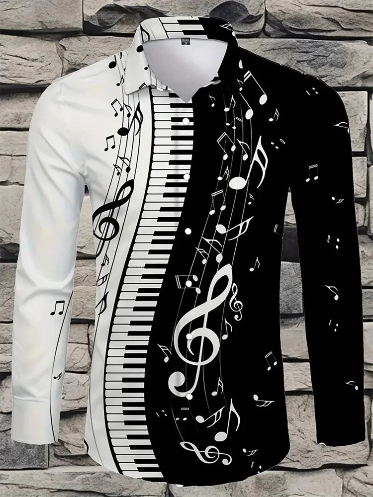 Autumn Music Note Print Fashion Mens Long Sleeve Street Fashion Single Chest Collar Shirt Vacation Casual Shirt 241007