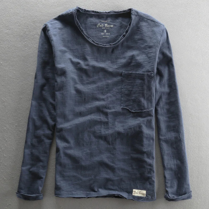 Fashionable retro solid bamboo cotton long sleeved O-neck T-shirt mens casual thin top tee comfortable T-shirt 241018