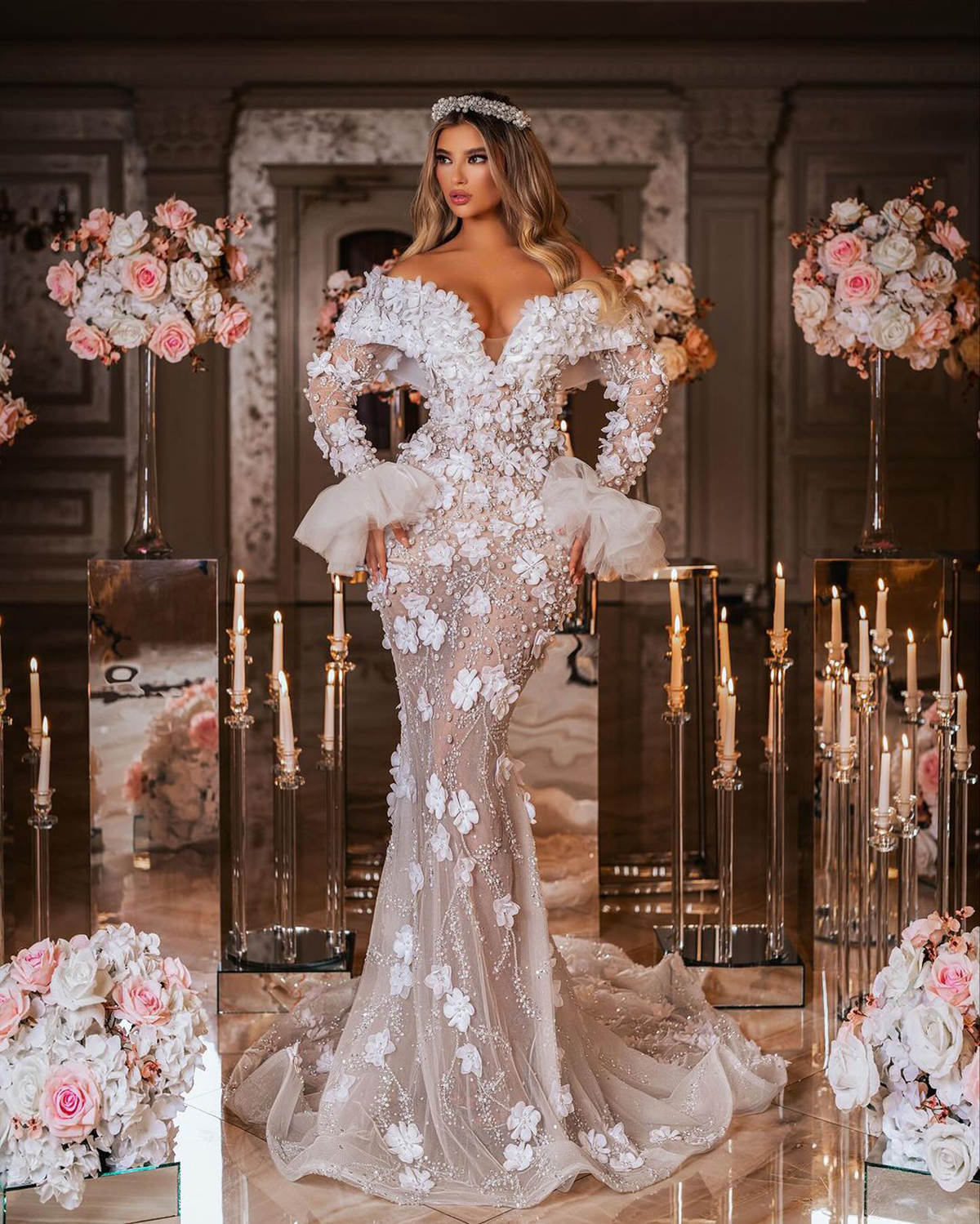 Arabic Pincess Mermaid Wedding Dress 3D Flowers Appliques Beading Off Shoulder Bride Dress Pearls Formal Long Sleeve Bridal Gowns