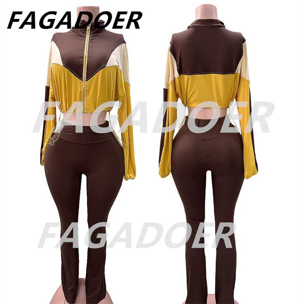 Women's Two Piece Pants FAGADOER Color Block Strt 2 Piece Set Outfit Casual Zip Drawstring Crop Top + High Waist Flare Pants Suit Autumn New Acti