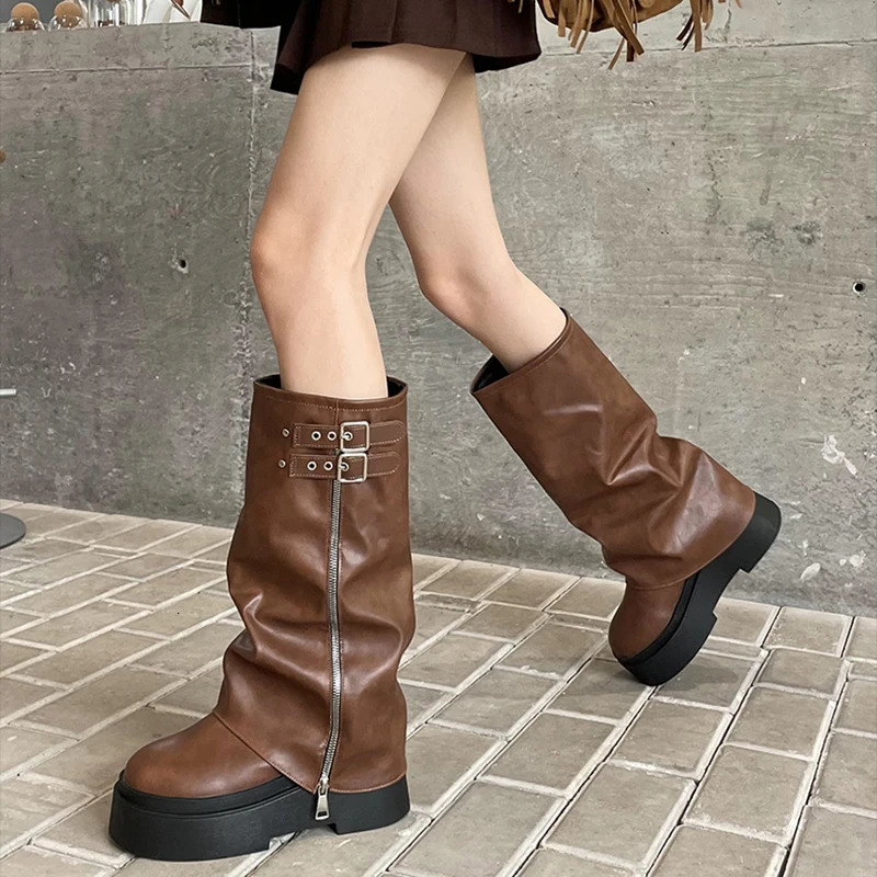 Retro platform flat bottomed womens knee high boots fashionable buckle shoes autumn womens knight boots 241018