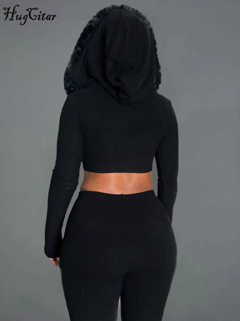 Women's Two Piece Pants Hugcitar Womens Elegant 2-piece Fur Hooded White Long Sleve Sexy Crop Top Pants 2023 Winter T-shirt Sports Fitness Clothi