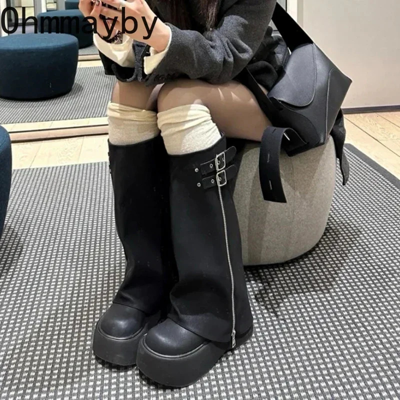 Thick womens knee high boots with fashionable buckle platform heel Trouser Knight Boots retro style womens shoes 241018