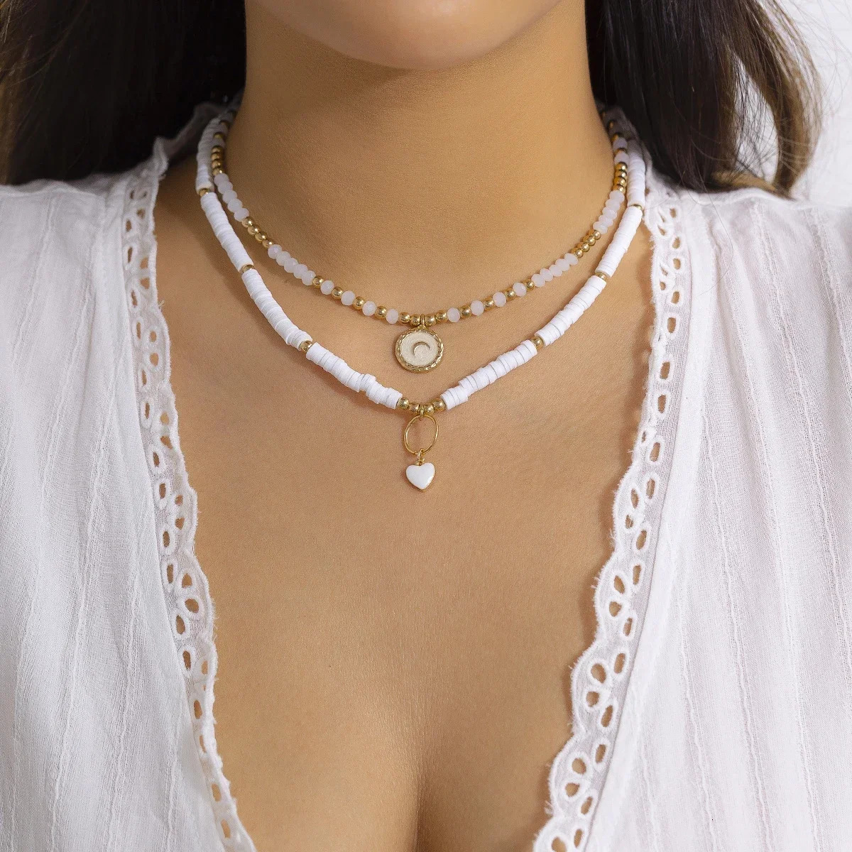 Bohemian Heart Pendant Crystal Bead Glass Bead Necklace White Flat Polymer Clay Bead Necklace Vintage Jewelry 241018 ww