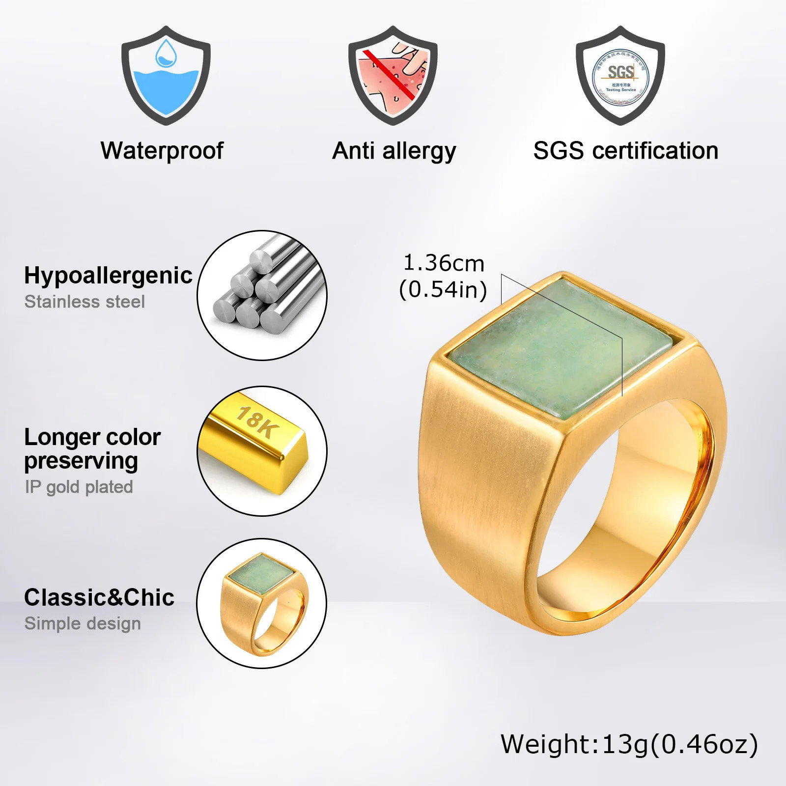MP Natural Green Stone Ring for Men BoysGold Color Stainless Steel Stamp Thumb Square RingPunk Stylish Jewelry Gift 241010