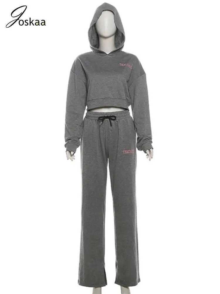 Women's Two Piece Pants Joskaa Letter Embroidery 2-piece Womens Casual Long Sleve Crop Hoodie and Sweatpants Match Fitness Track and Field Clothe