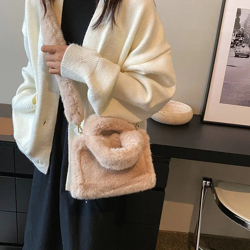 faux fur womens shoulder bag solid color soft plush womens cross body bag simple fluffy handbag womens fur handbag wallet 241018