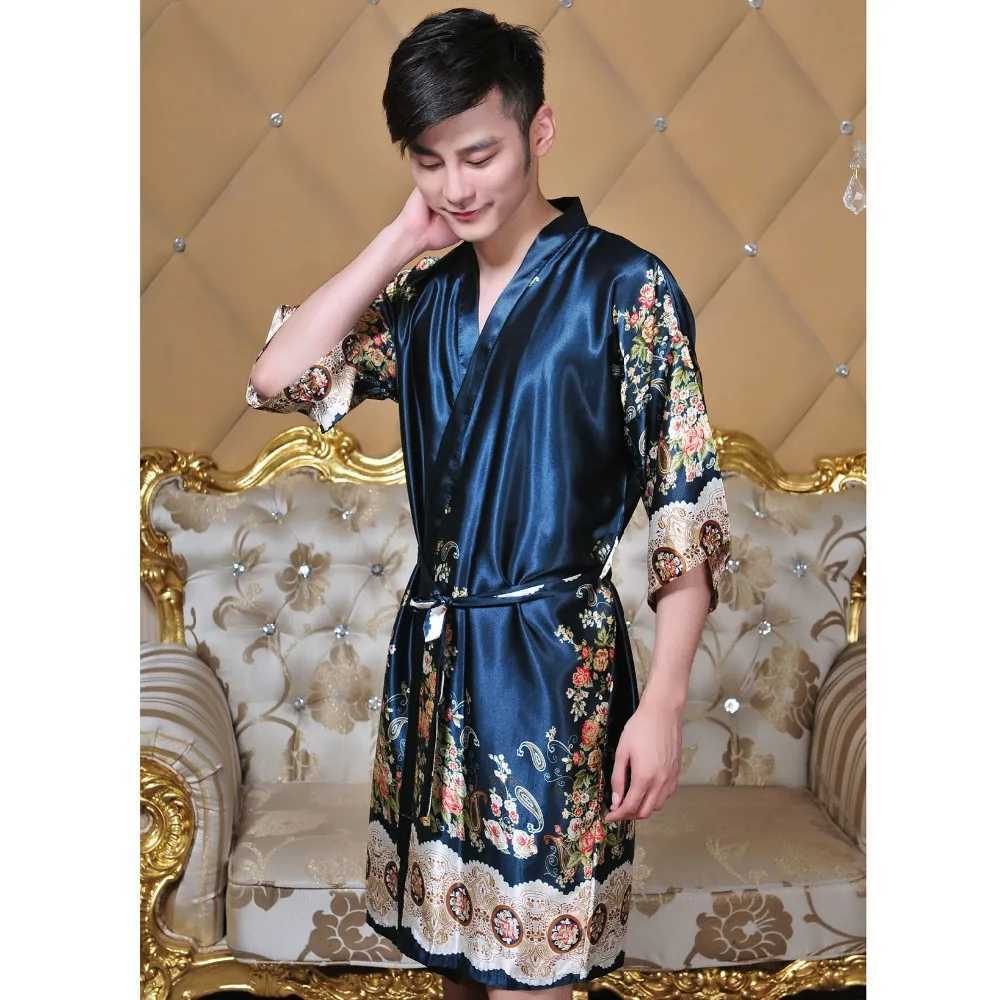 Men Kimono Bathrobe Chinese Style Robe Gown Print Flower Sleepwear Casual Nightwear Rayon Negligee Loose Intimate LingerieXJ241018