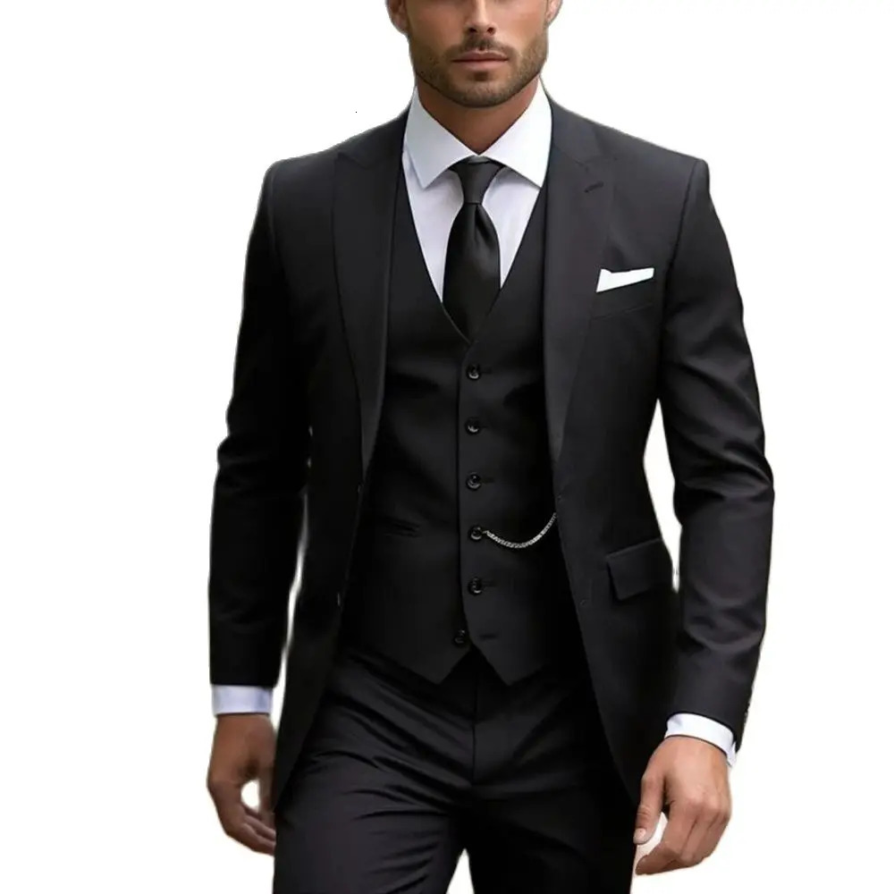 Black 3piece jacket pants vest fashionable evening gown collar single perforation intelligent casual business mens clothing 240929