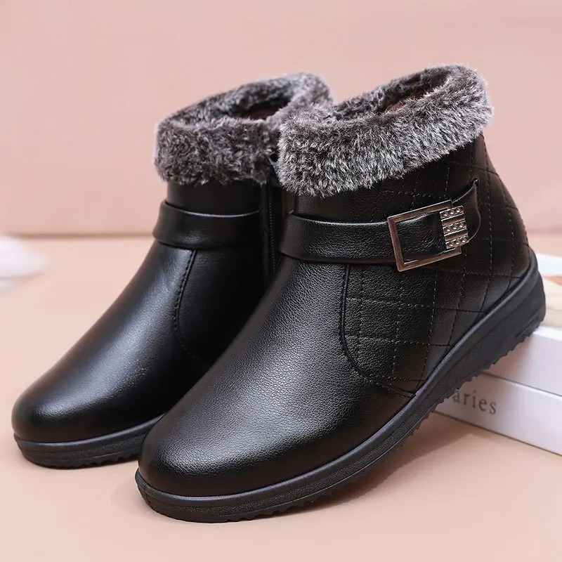 Plush shoes winter womens boots orthopedic ankle boots waterproof leather shoes womens warm wedge boots plain weave fur lined boots 241018