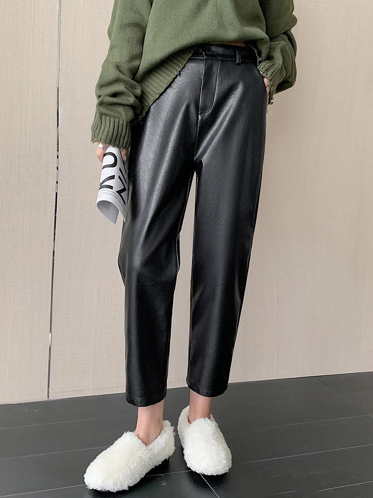 2024 Autumn Winter Leather Pant Korean Fashion High Elastic Waist Black Color Harem Trousers Female Pantalones 241009