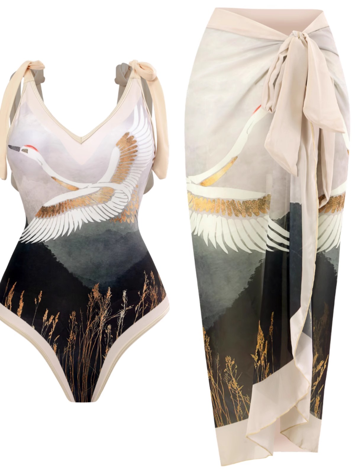 Chinese style one-piece bathing suit for women Hot Spring Beach Dress Sexy slimming belly cover Hot girl holiday high-waisted set