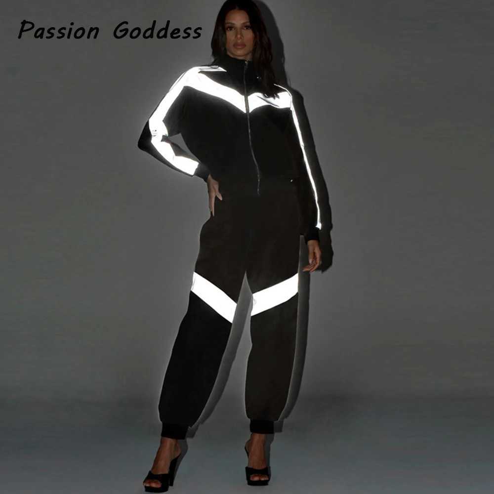 Women's Two Piece Pants Women 2 Piece Reflective Tracksuits Set Loose Jogger Outwear Baseball Bomber Jackets Zipper Sweatsuits Long Sweatpants Co