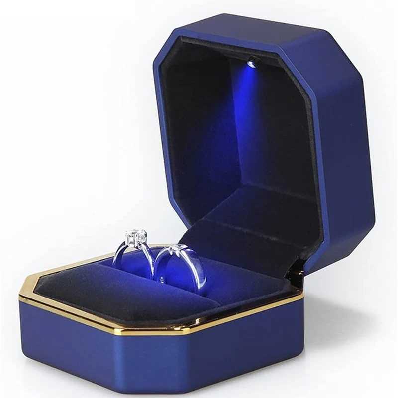 New Double Ring Box Wedding Square Velvet Ring Box Organizer Jewelry Gift Box with LED Light for Suggested Engagement Ring Box W241019