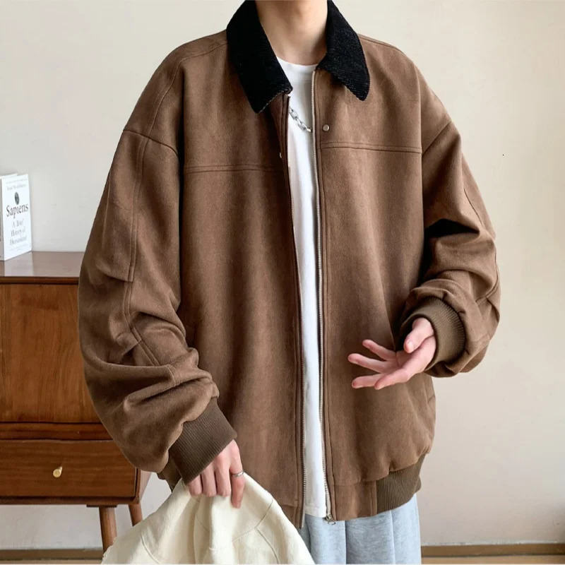 Corduroy solid color patchwork retro suede jacket for mens autumn and winter with pocket lapel and zipper loose jacket warm and soft 241007