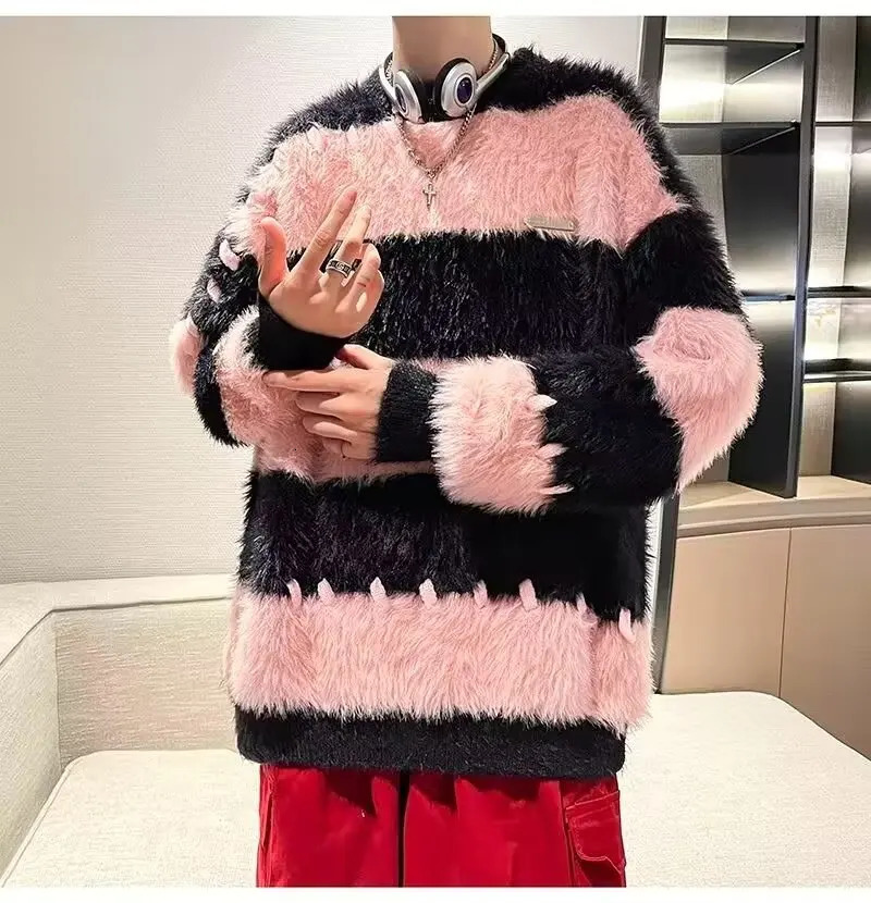 Mens Sweater Striped Contrasting Sweater Mink Fur Japanese Vintage Style Knitted Top Loose Lazy Style Furry Pullover Knitted 241007