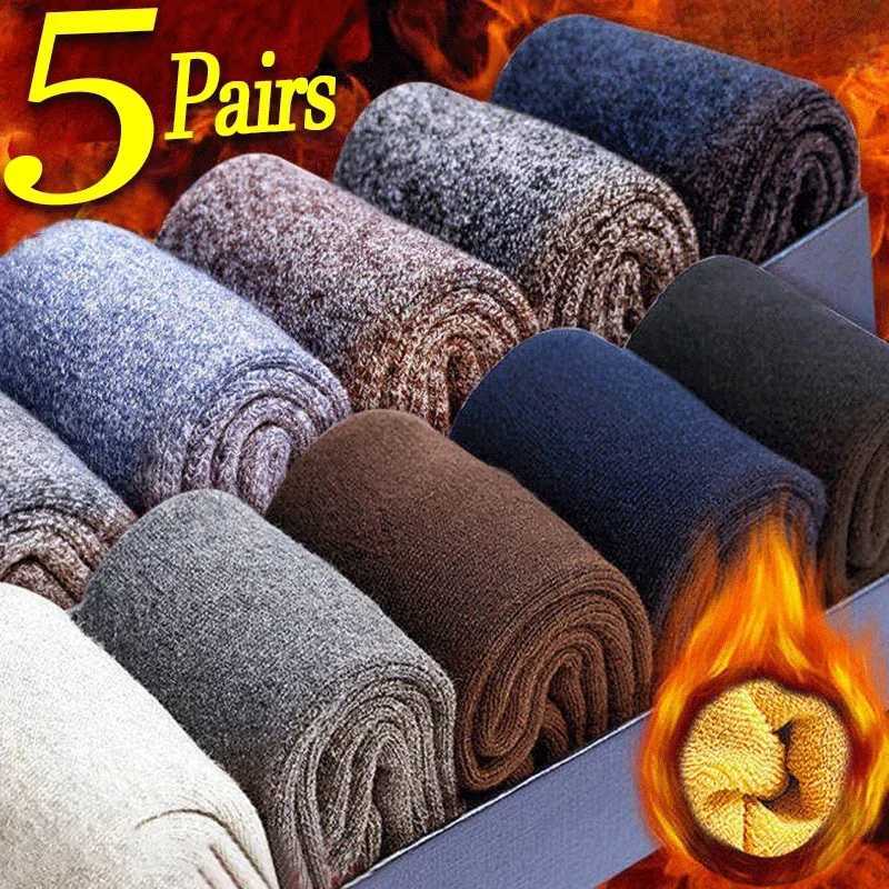 5Pairs Wool Socks Mens Thermal Hiking Socks Merino Warm Winter Socks Soft Crew Towel Sock Cotton Against Cold Sox Size 36-45XJ241019