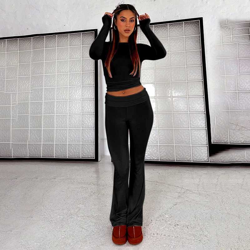 Women's Two Piece Pants CUTENOVA Womens Spring Casual 2-piece Set Long Sleve Crew Neck Crop Top Low Waist Flare Pants Casual Set Y2410198I92