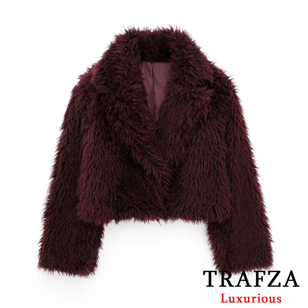 TRAFZA casual red fur jacket womens long sleeved V-neck thick autumn and winter short jacket Fahsion streetwear warm jacket 241018