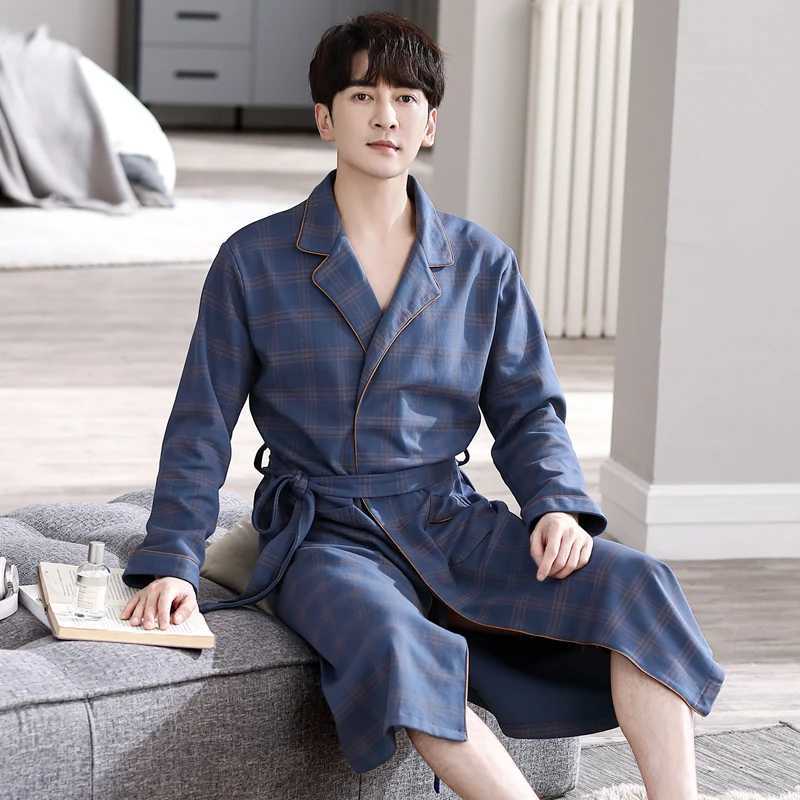 Casual Plaid Men Long Nightgown Kimono Bathrobe Gown Cotton V-neck Intimate Lingerie Long Sleeve Spa Robes Sleepwear For MaleXJ241018