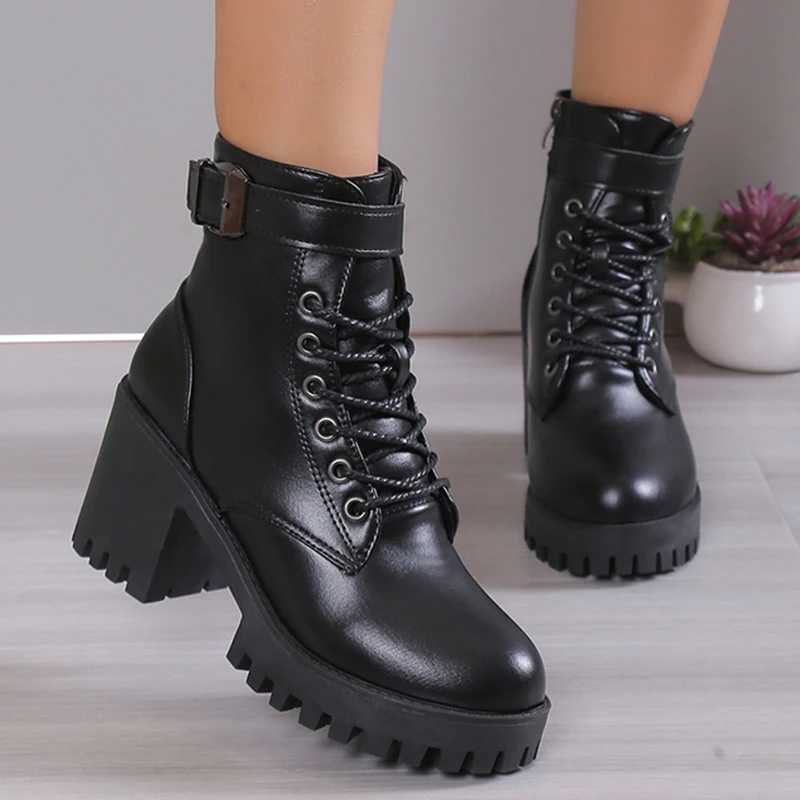 2023 Black PU Leather Platform Short Boots for Women Side Zipper Thick High Heels Punk Botas De Mujer Y241019