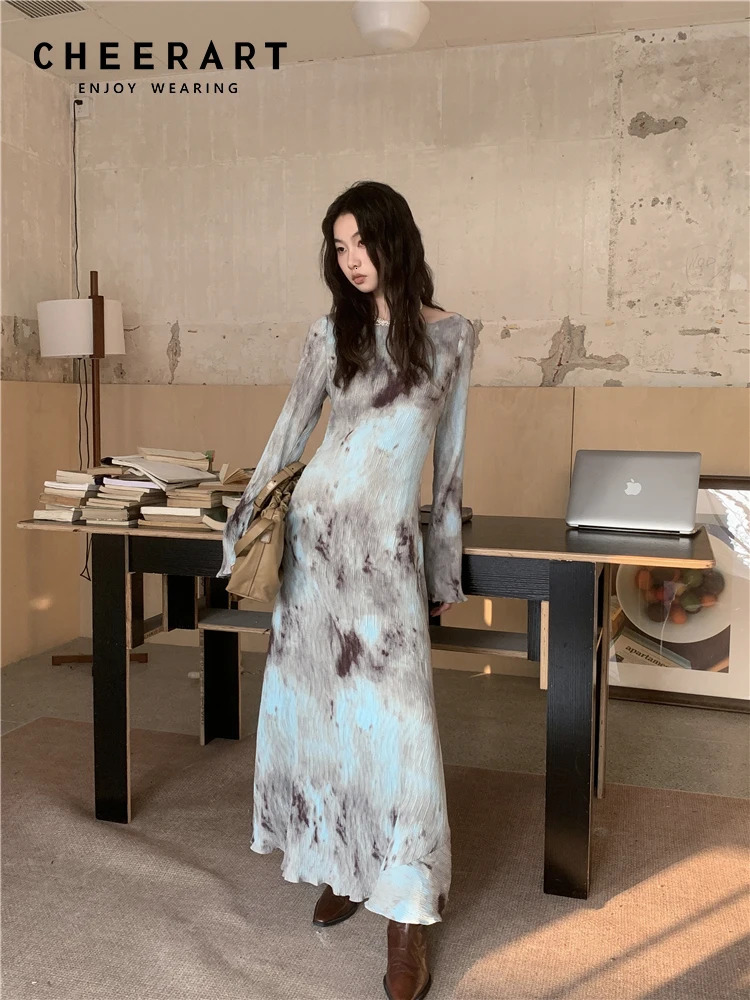 CHEERART Pleate French Long Maxi Dress For Women Flare Long Sleeve Swing A Line Dress Fall Clothes 241010