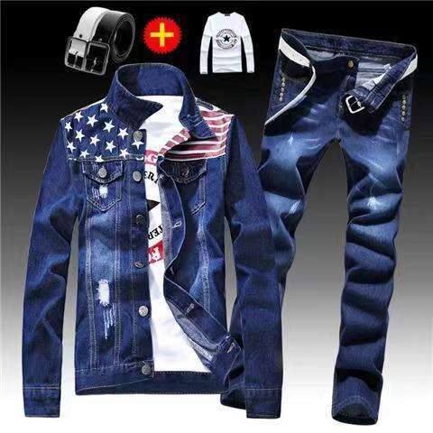 Spring Autumn Mens Denim Jacket + Jeans Pants Set Fashion Letters Printed Coat Trousers Two Piece Denim suit