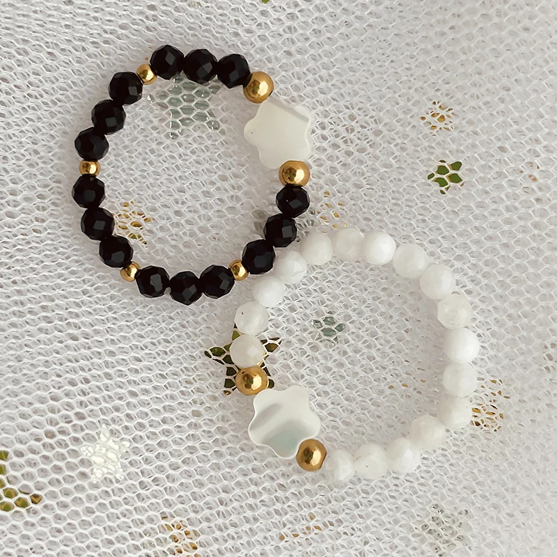 Fashion Natural Stone Moonstone Obsidian Rings For Women Girls Stainless Steel Beaded Ring Wedding Party Jewelry Gift Wholesale 241010