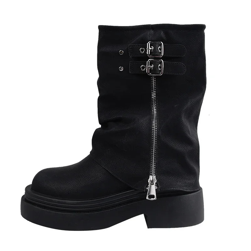 Short and chubby womens short boots with fashionable side zipper platform thick heels motorcycle boots with retro style autumn and winter womens shoes
