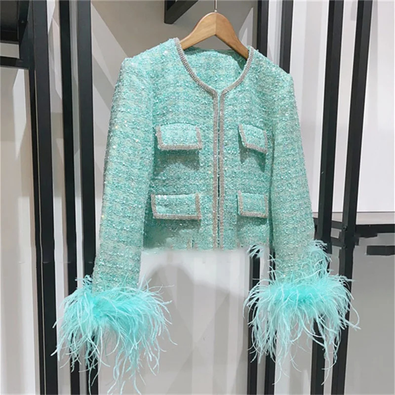 Women jacket autumn outerwears Fashion sequin decorative tweed Long sleeved top Feather patchwork coat y2k Blouse 241019