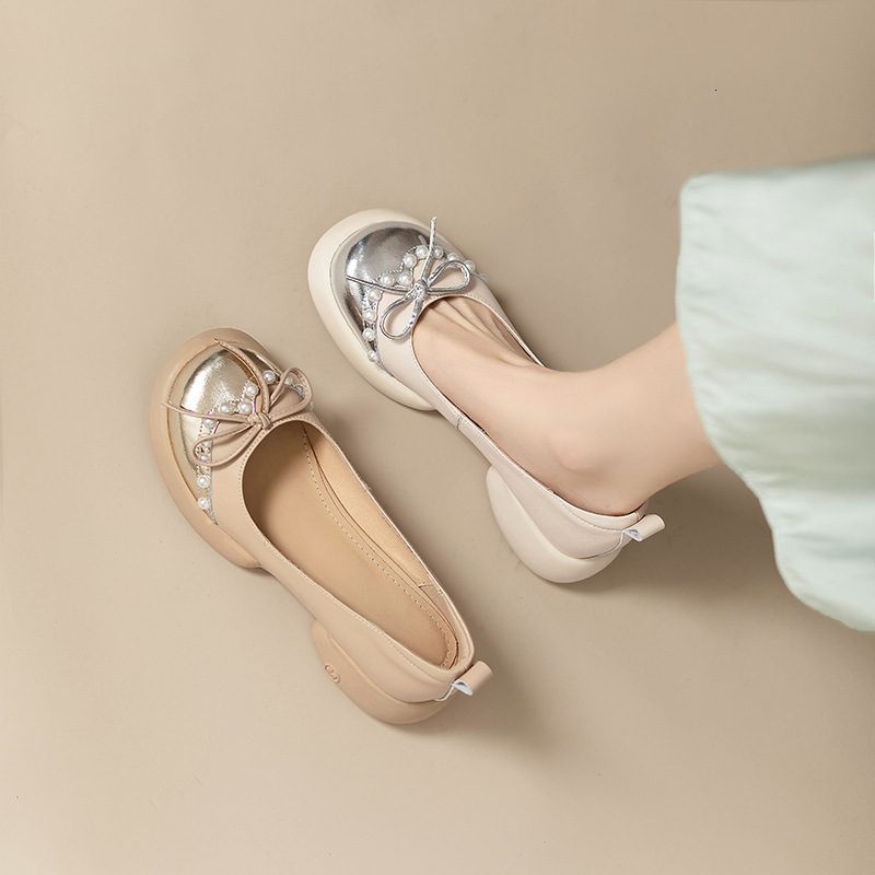 Fashionable French Bow Bean Shoes Women's Thick Heels and Thick Soles 2024 Spring and Autumn New Genuine Leather Round Toe Single Shoes
