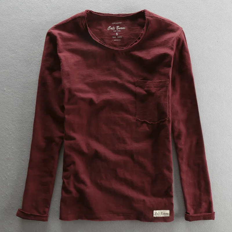 Fashionable retro solid bamboo cotton long sleeved O-neck T-shirt mens casual thin top tee comfortable T-shirt 241018