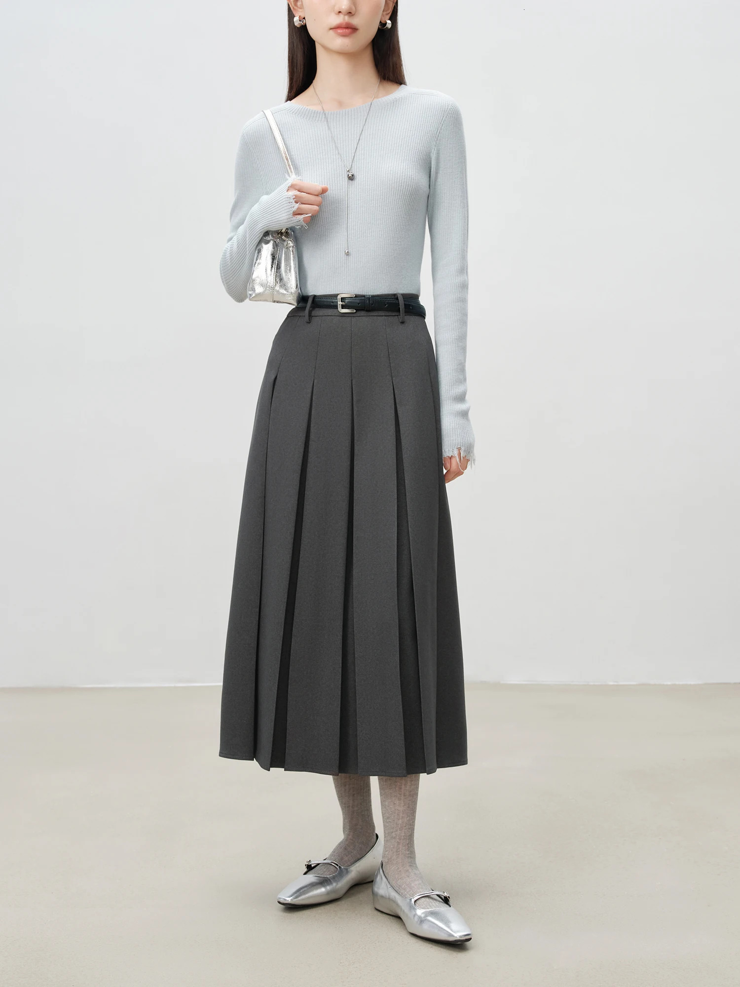 ZIQIAO Women Long Skirts College Style Female Winter Grey Pleated n ALINE Skirt Side Zipper Waist Suit 24ZQ94190 241019